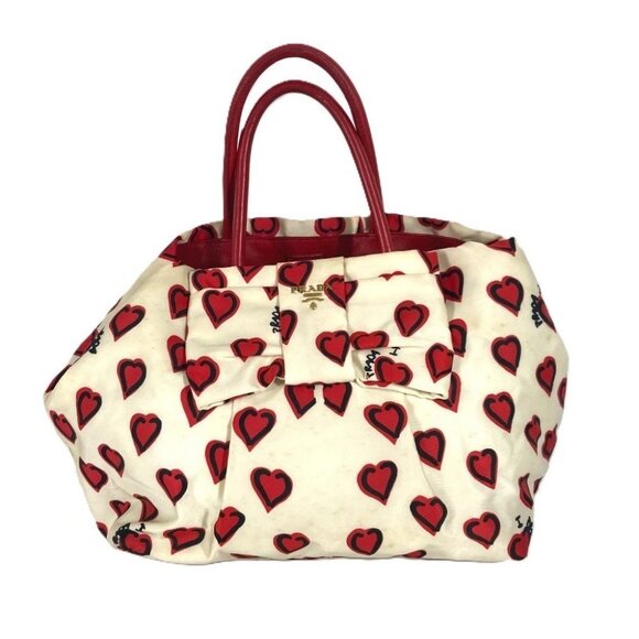 PRADA Heart logo Hand Bag Bicolor Tote Bag Leather / Nylon White/Red